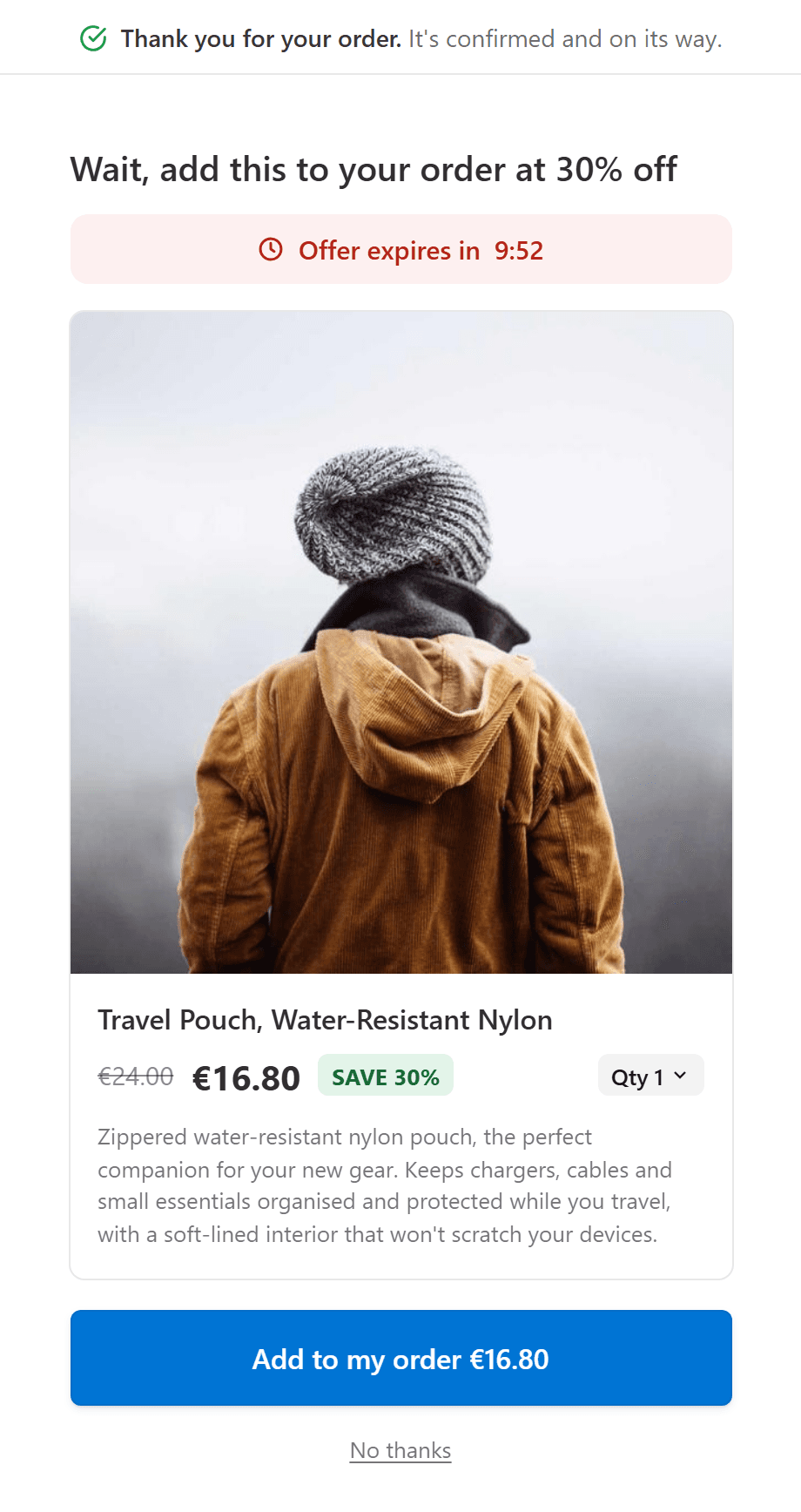 The after-sell offer after payment: thank you message, a product at 30% off with a countdown, and the Add to my order button.